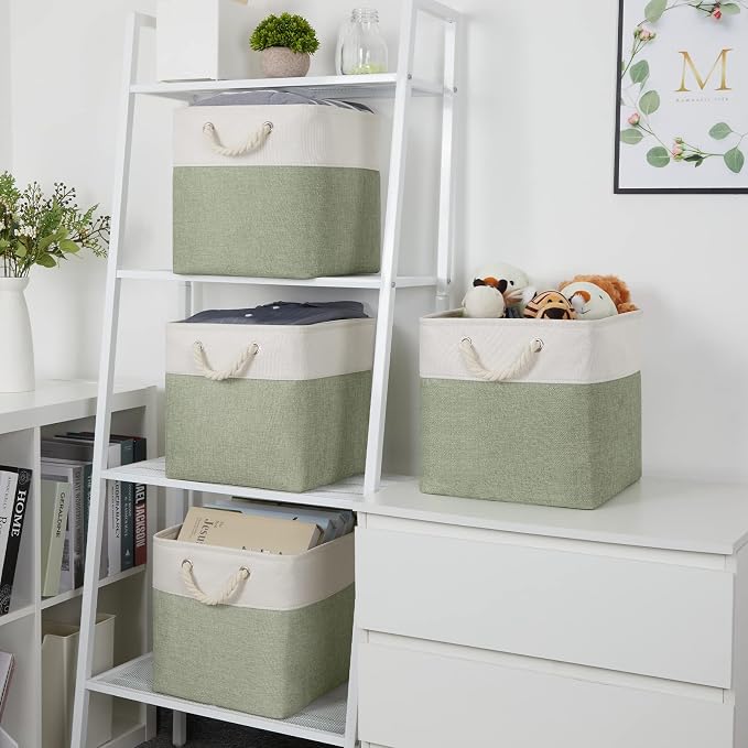 Temary Cube Storage Baskets for Shelves 12 Inch Storage Cubes 4pack Fabric Storage Baskets for Organizing Clothes, Closet Basket with Rope Handles for Home (White&Green)