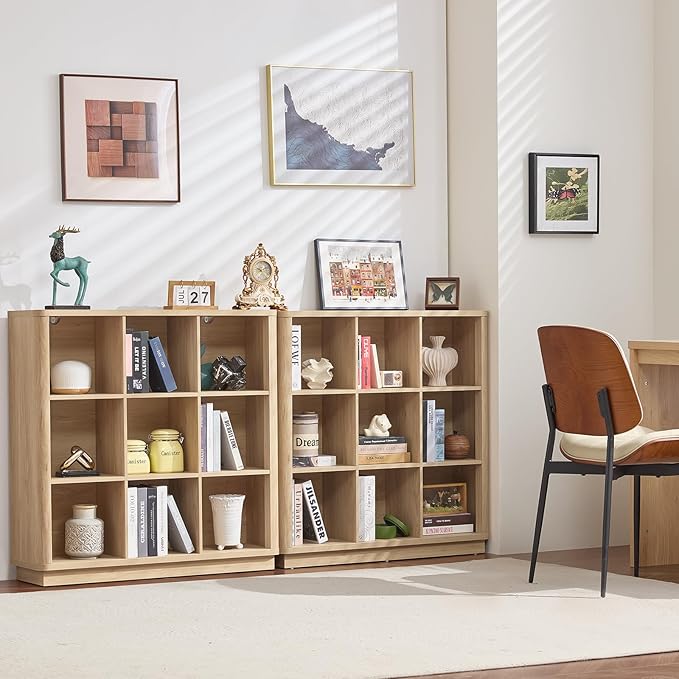 Joaxswe 9 Cube Storage Book Shelf, 41" Tall Organizer Bookshelf with Curved Edge, Modern Floor Standing 3-Tier Cubby Bookcase with Base, Wood Display Book Case for Living Room, Home Office,Natural Oak