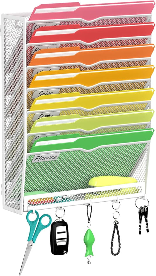 8-Tier Wall File Organizer with Hook, Hanging File Organizer White | Wall-mounted mail storage holds papers, folders, files, clipboards and magazines, assembly required for office or home use.