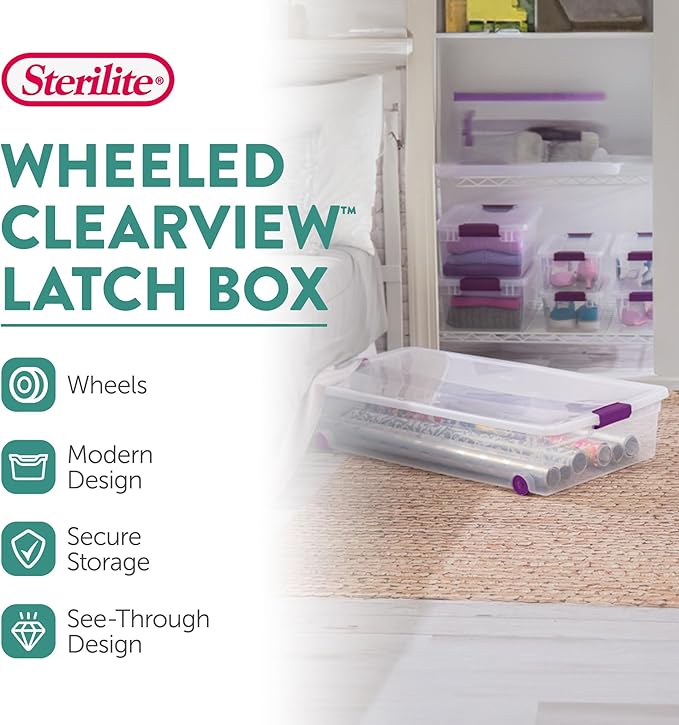 Sterilite 16-Pack 60 Quart ClearView Latch Box, Wheeled Underbed Organizer Bins with Latching Lids - Clear Plastic Organization Containers for Closet, Bedroom, Shelving Units and Everyday Home Storage