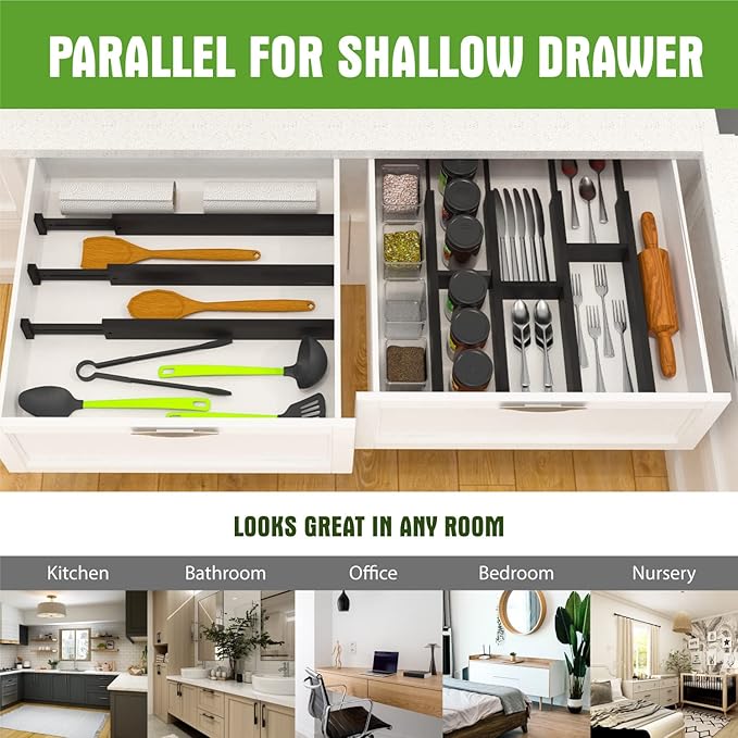 10pack Bamboo Drawer Dividers, Expandable Drawer Separators Splitter, 17-22 inches Adjustable Spring-loaded Organizer for Large Utensil, Clothes, Tools Drawers(Black)