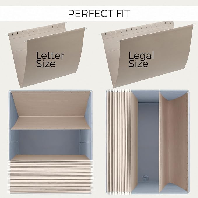 Decorative File Organizer Box Set of 2 - Collapsible Linen Filing Cabinets | Stores Documents and Hanging File Folders - Portable Office Crates with Lid and Handles for Easy Slide Access