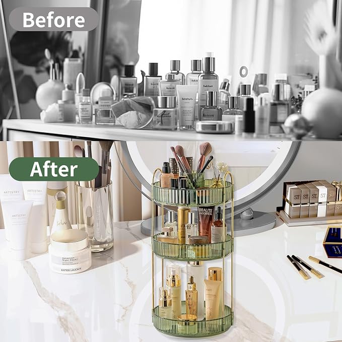 Asayuee 360 Rotating Makeup Organizer,3 Tier Large Capacity Make Up Organizers and Storage,Skincare Perfume Vanity Organizers,Bathroom Cosmetics Storage Organizer Countertop (Green)