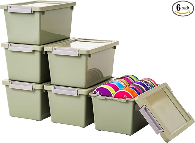 IRIS USA Storage Bins with Lids |Made in USA| 4 Qt - (6-Pack) - Sage Green | Sensory Craft Organizers, Plastic Clip Box Totes, Flat Containers for Organizing Paper, Office, Art & Study Supplies