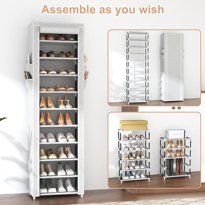 VTRIN Vertical Narrow Shoe Rack Organizer Tall Shoe Rack for Closet Entryway 10 Tier Non-Woven Cover Shoe Shelf Holds 20-22 Pairs Free Standing Shoe Storage Cabinet with Dustproof Cover, Multi Color