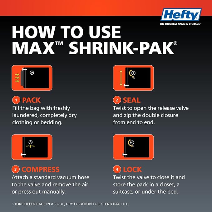 Hefty MAX Shrink-Pak Vacuum Seal Storage Bags for Clothing, Travel, Bedding | Tear & Water Resistant, Dual-Valve Space Saver Compression Bags - Large, 4-Pack