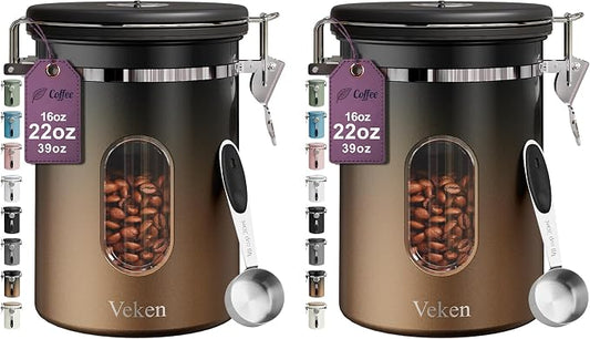 Veken Coffee Canister with Window,Airtight Stainless Steel Kitchen Food Storage Container, Date Tracker & Scoop for Grounds Coffee, Beans, Tea,Flour,Cereal,Sugar,22OZ,Copper (Pack of 2)