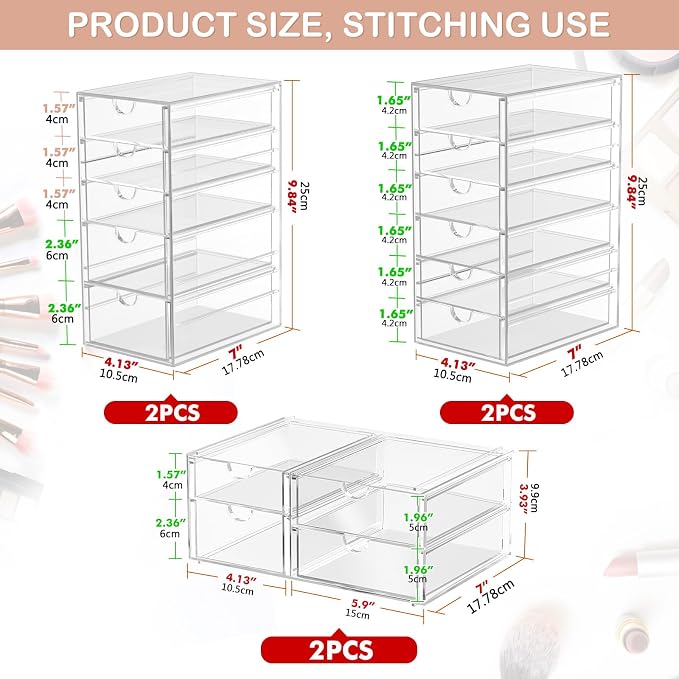 caktraie 6-Pack 30-Drawer Acrylic Storage & Makeup Organizer for Desk | Smooth-glide drawers, clear body, dustproof, for office supplies, pens, stationery, jewelry, cosmetics, craft bits