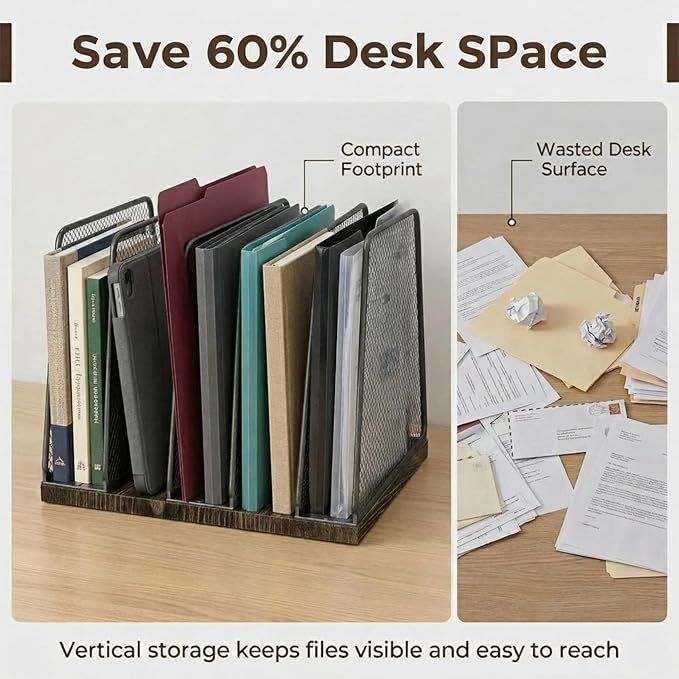 5-Section Vertical File Organizer for Desk, Sturdy Wood Base & Metal Mesh Desktop File Holder, Upright Paper Folder Sorter for Office Supplies（Rustic Brown）