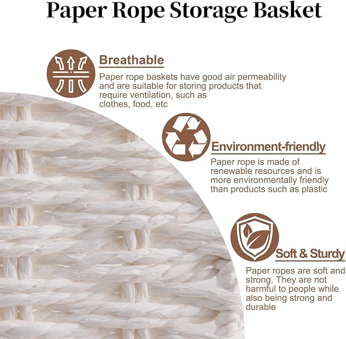 OIAHOMY Scalloped Wicker Baskets, Hand-woven Storage Baskets with Built-in Handles, Paper Rope Shelf Baskets for Organizing and Decoration, Set of 3-White