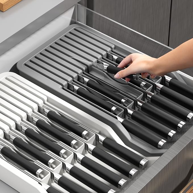 Expandable Drawer Knife Insert Organizer - Plastic Knife Storage Tray for Kitchen Drawers, Adjustable to Fit 11 Knives & Utensils, BPA-Free, Ventilated, Space-Saving, Easy to Clean