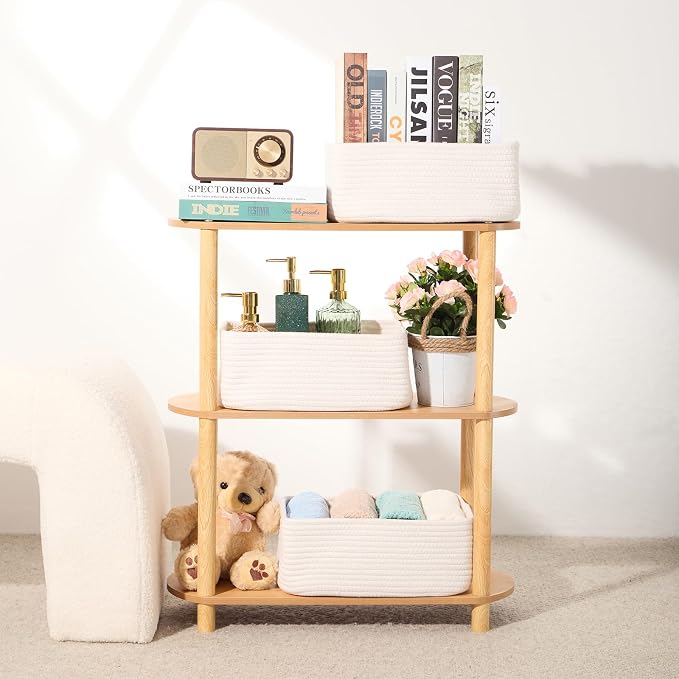 MiniArk Small Storage Baskets for Organizing | Closet Organizer Bins | Shelf Toy Basket | Woven Rope Baskets | Cube Decorative Box | Shallow Basket | 13x8.5x5.1” | 4 Packs Off White