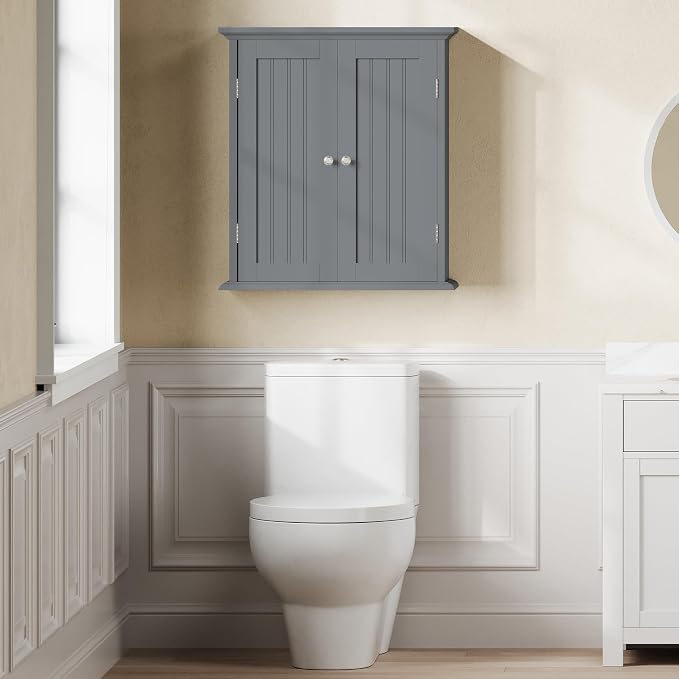 ChooChoo Bathroom Wall Cabinet with 2 Doors, Over The Toilet | 8.8"D x 21.1"W x 24"H, Medicine Cabinet, Adjustable Shelves, Cupboard, Grey