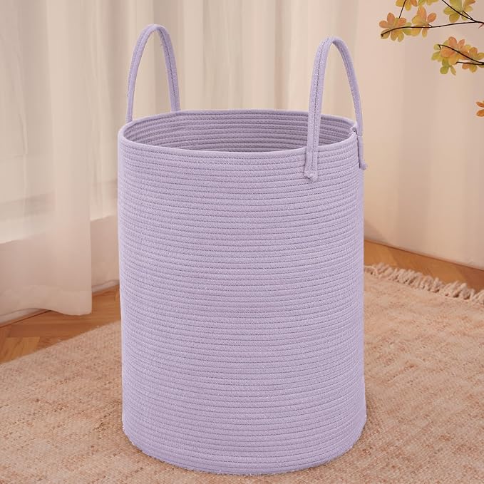 JMvicyroam 60L Cotton Rope Laundry Basket Hamper, Purple | Collapsible laundry basket, reinforced handles, freestanding, machine washable, holds 3-5 thick blankets, clothes or toys