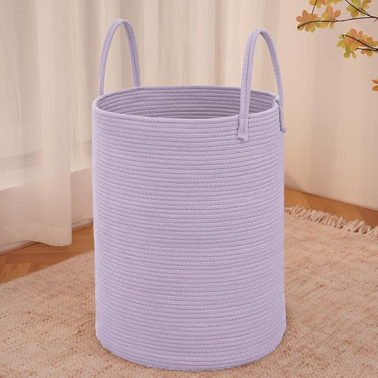 JMvicyroam 60L Cotton Rope Laundry Basket Hamper, Purple | Collapsible laundry basket, reinforced handles, freestanding, machine washable, holds 3-5 thick blankets, clothes or toys