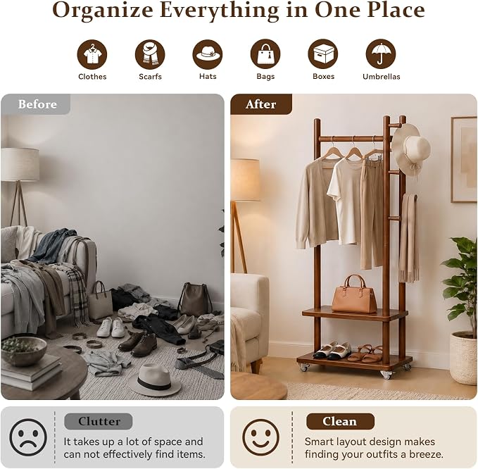 Taitiy Coat Rack Freestanding Wood Garment Rack 2 Shelves 5 Hooks | Bedroom hallway entryway living room hotel, durable wood construction, mobile wheel design, coats clothes bags storage