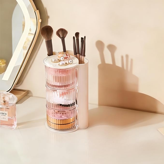 Hair Accessories Organizer with Hair Brush Holder(Stripe White, 3-Layer) | Rotatable Makeup Brush Holder for Necklaces, Earring, Bracelet, Ring, Makeup Brushes, Hair Clip and Hair Accessories
