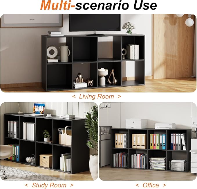 Sweetcrispy 8 Cube Storage Organizer, Stackable Modular Bookcase Shelf | Vertical or Horizontal Use, Fits 11×11" Bins, Removable Back Panels, for Living Room, Office, Entrance Black Wood