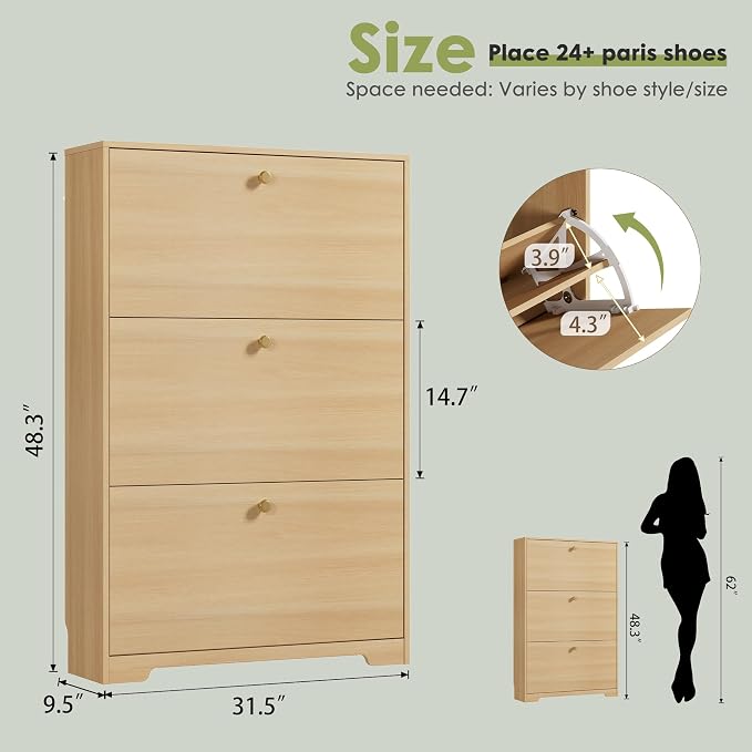 Nicetree Shoe Storage Cabinet, Slim Shoe Cabinet, Hidden Shoe Rack Cabinet, Shoe Storage Cabinet for Entryway, Hallway, Foyer, Natural Oak