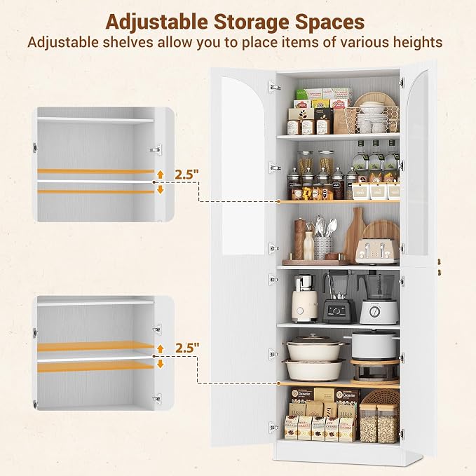 Cyclysio 80" Kitchen Pantry, Tall Arch Storage Cabinet with Tempered Glass & Soft Close Doors, Freestanding Wood Floor Cupboard Bookcase with Seamless Fit Wall for Dining Living Room, Bathroom (White)