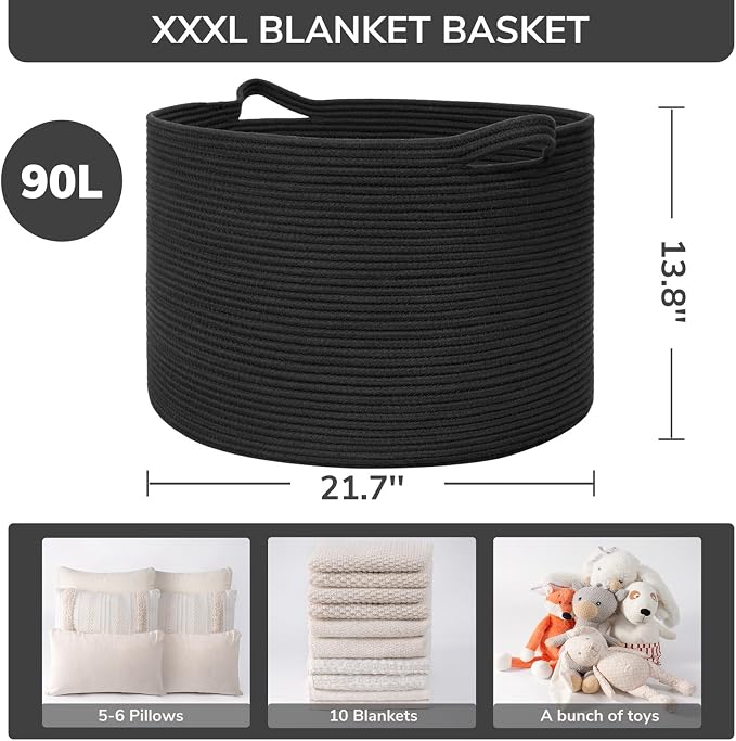 INDRESSME XXXLarge Woven Rope Blanket Basket Living Room Black, 90L | 21.7" x 13.8" Storage baskets for toys laundry & pillows. Fits living room, bedroom or nursery décor. Soft-touch with handles