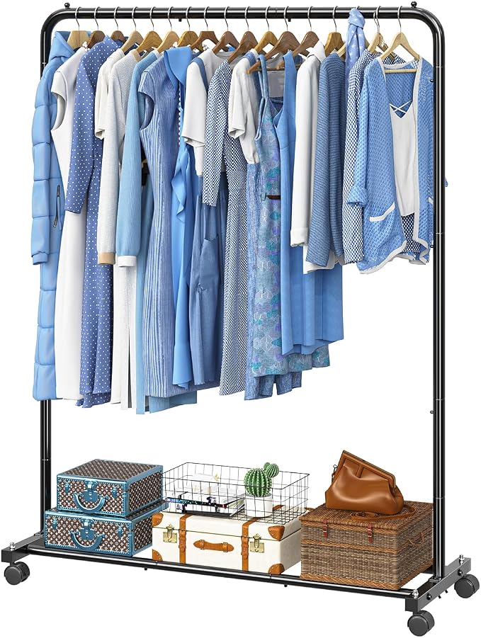 Simple Trending Clothing Rack for Hanging clothes, Portable Garment Rack with Bottom Shelf, Metal Clothes Rack on Wheels for Bedroom, Laundry Room, Black