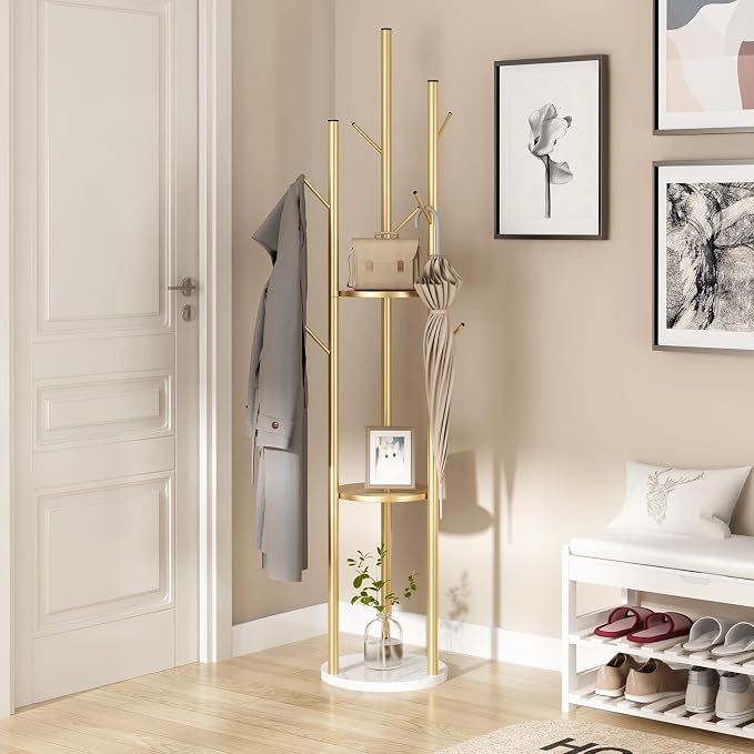 TIEOU Metal Coat Rack, Gold Coat Racks Freestanding with Shelves and Marble Base, Coat Tree with 9 Hooks for Scarves, Bags, Modern Coat Rack Stand for Entryway, Living Room, Bedroom, Easy Assembly
