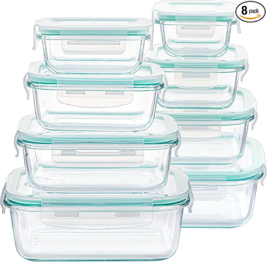 Vtopmart 8 Pack Glass Food Storage Containers with Airtight Lids | Meal Prep Lunch Containers, Leakproof, Leftover Storage, Take-out, Microwave, Oven, Freezer and Dishwasher Safe, BPA Free