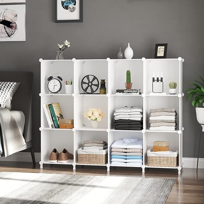 AWTATOS 12 Cube Storage Organizer, Closet Organizer Storage Shelves, White | Portable Closet Organizers, DIY Stackable Storage Cubes Shelves Bookshelf, Plastic Clothes Shelving for Home, Bedroom
