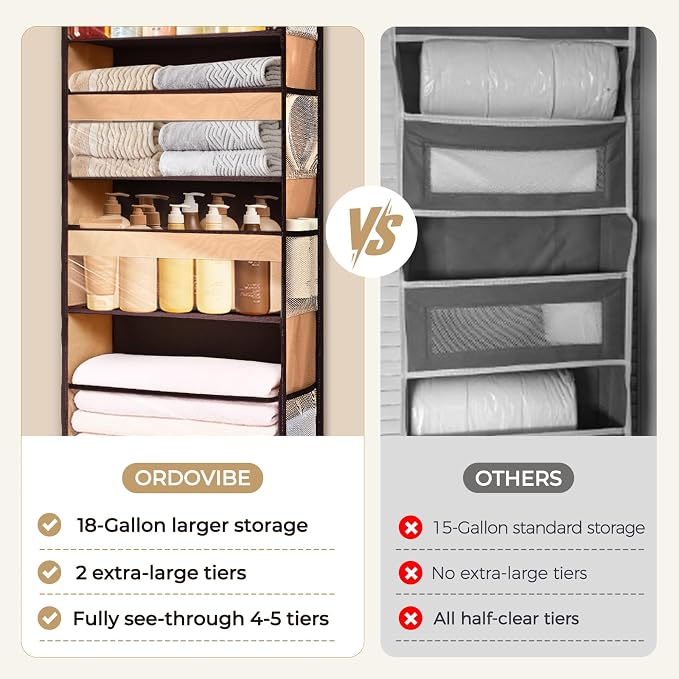 5 Tiers Over Door Organizer with 10 Mesh Side Pockets, 44 lbs Weight Capacity Hanging Storage Organizer with Clear Window Kids Toys, Shoes, Diapers, Brown