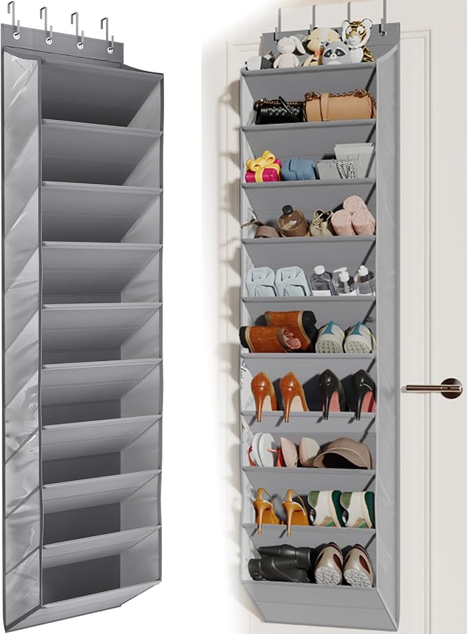 Mefirt 20-25 Pairs Over the Door Shoe Organizer, Clear Pockets Shoe Rack for Closet Door, 10-Tier Hanging Shoe Rack for Boots, Behind the Door Shoe Holder Fit All the Family's Sneakers, Heels, Grey
