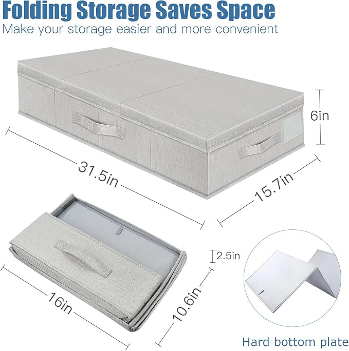 Supowin 2Pack Large Underbed Storage Containers Bin with Lids, Light Gray | 6 Inches Tall Under Bed Storage Organizer Box with Handles, Foldable Closet Organizer for Clothes, Blankets, Seasonal Items