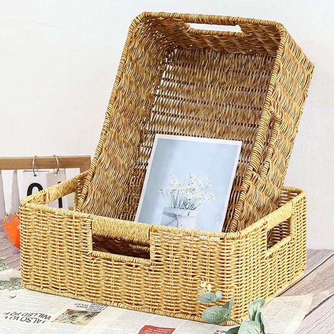 SHINEOFI Decorative Woven Storage Basket Handwoven Imitation Rattan Sundries Organizer with Hollow Handles for Home Desktop Organization Deep Coffee Color