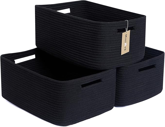 MiniArk Large Storage Baskets for Shelves, 17 x 13 x 7.5” Closet Organizers Bins for Clothes Blanket Towels, Baby Nursery, Toy Baskets Box, Woven Rope Baskets, 3 Packs Black