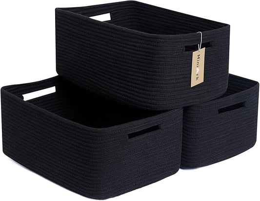 MiniArk Large Storage Baskets for Shelves, 17 x 13 x 7.5” Closet Organizers Bins for Clothes Blanket Towels, Baby Nursery, Toy Baskets Box, Woven Rope Baskets, 3 Packs Black