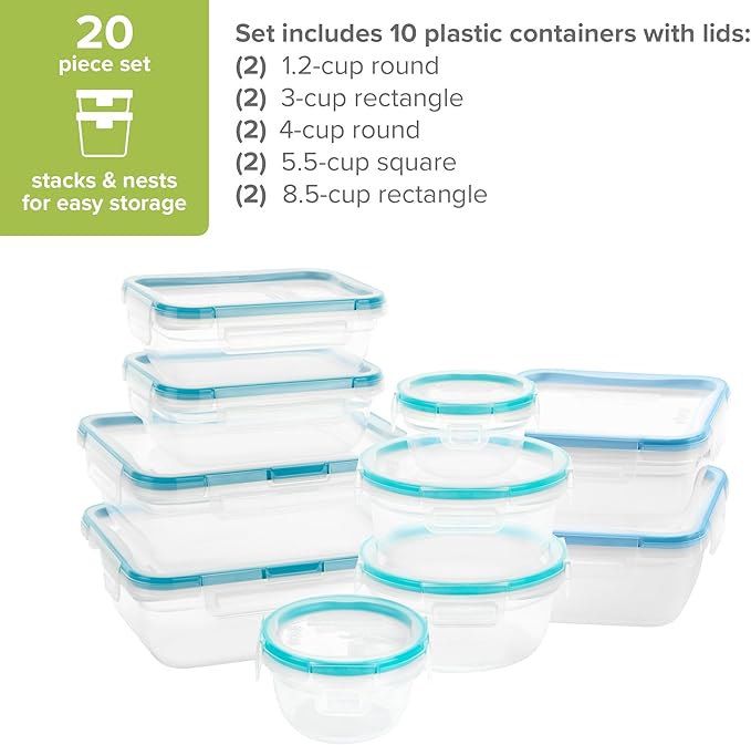 Snapware Plastic Total Solutions (10-Pack, Mixed Sizes) Food Storage Containers Set, Airtight & Leakproof Plastic Locking BPA-Free Lids Tupperware, Freezer Dishwasher Microwave Safe