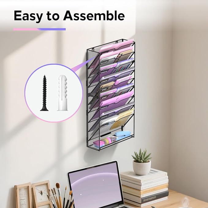 10-Tier Wall File Organizer with Base, Wall Mounted File Holder | Vertical Hanging File Organizer with Open Compartments and Label Holders for Mail, Folders and Paperwork at Home or Work