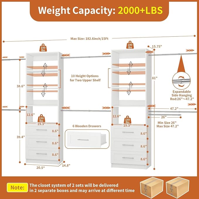 Closet System with 6 Drawers, 5-14FT Custom Closet Organizer System with 8 Expandable Hanging Rods&Adjustable Shelves, Modular Wood Closet Systems Tower for Walk in Closet Storage, 2 Sets, White