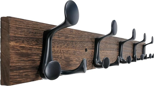 WEBI Coat Rack Wall Mount,30" Solid Wood Coat Hooks Wall Mounted Coat Hanger,16" Hole to Hole,Heavy Duty Hook Rack Rail,5 Triple Hooks for Hanging Coats,Jacket,Clothes,Hat,Backpack,Weathered Brown