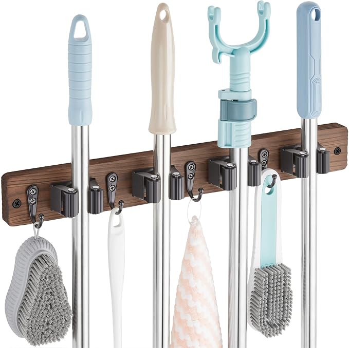 OUTNILI Mop and Broom Holder Wall Mount - Wood Broom Mop Hanger - Wall Mounted Garden Tool Rack Organizer for Closet Garage Laundry Room, Rustic Kitchen Decor With 4 Slots & 4 Hooks