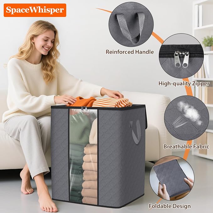 SpaceWhisper 6 Pack 100L Clothes Storage, Foldable Thick Fabric Blanket Storage Bags, Containers for Organizing Bedroom, Closet, Clothing, Comforter,Closet Organization with Handle,Grey