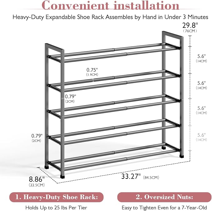 Bumusty 5 Tier Expandable Shoe Rack for Closet, Grey | 18"-33" Adjustable Shoe Rack for Entryway, Small Shoe Organizer for Dorm, Front Door, Sturdy Metal