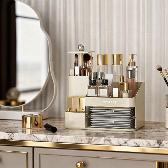 Large Makeup Organizer Countertop with Drawers, Make Up Organizer for Vanity, Makeup Storage Organizer Countertop Makeup Organizers for Skincare (Style2-Cream)