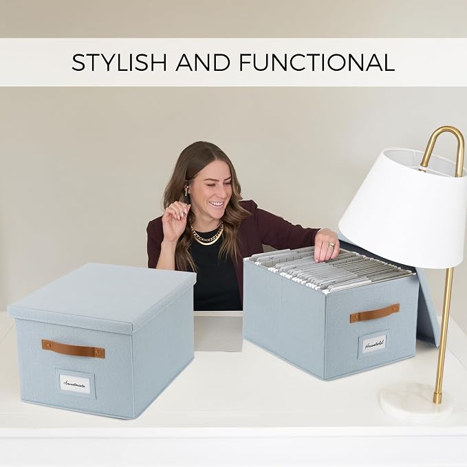 Decorative File Organizer Box Set of 2 - Collapsible Linen Filing Cabinets | Stores Documents and Hanging File Folders - Portable Office Crates with Lid and Handles for Easy Slide Access