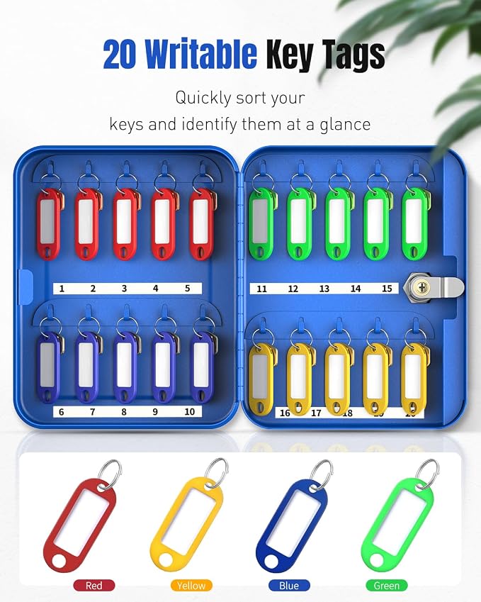 Uniclife 20 Keys Key Lock Box, Wall Mount Key Box, Lock Box for Keys, Key Lockbox with Tags, Key Cabinet, Key Holder Storage Box for Home Office & Company, Blue