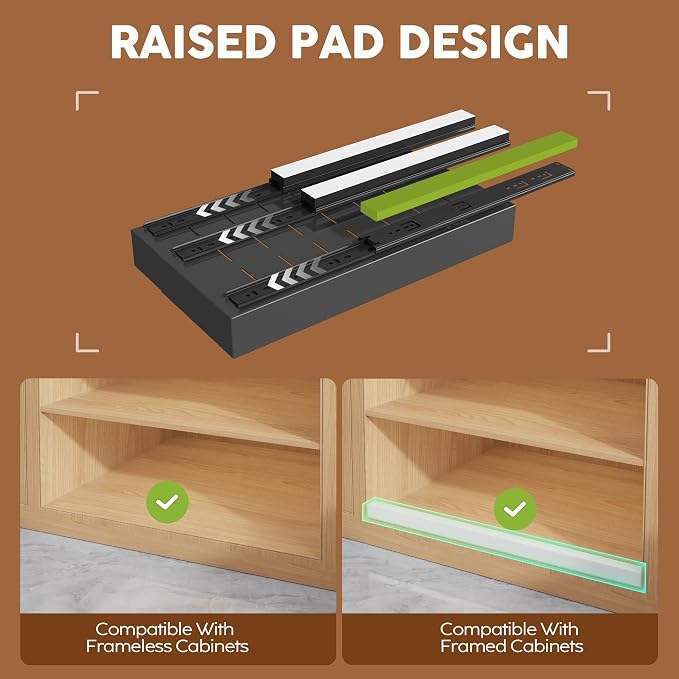 Seinloes 2 Pack Expandable Pull Out Cabinet Organizer 21" Deep with Raising Pad for Framed Cabinets,Upgrade 3 Slide Rails Slide Out Drawers,Roll Out Shelves Adhesive,Adjustable Width 9"-14.1" Black