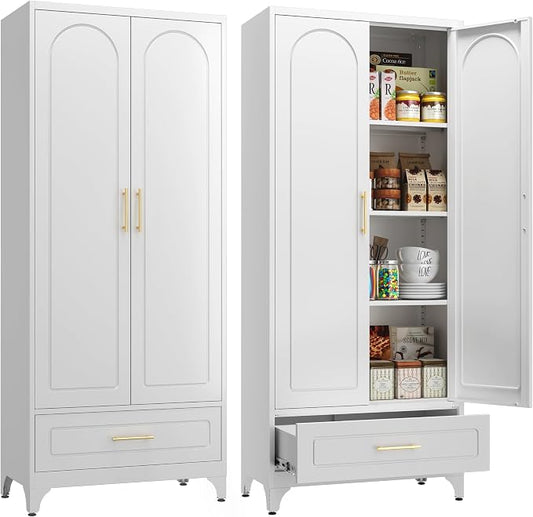 SteeLoong 75”Kitchen Pantry Cabinet, Metal Storage Cabinet with Drawer | White Pantry Cabinets for Kitchen Storage with 3 Adjustable Shelves,Tall Freestanding Cupboard for Living Room,Kitchen,Garage