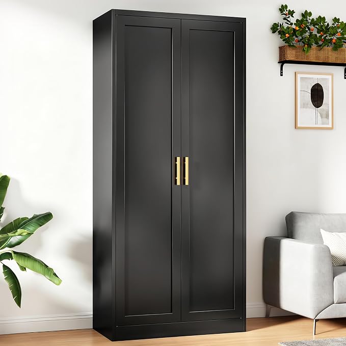 71”Tall Kitchen Pantry Cabinet, Metal Storage Cabinet with Doors and Shelves (Black)