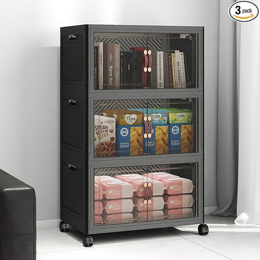 UAMFURI Stackable Storage Bins with Lids, 144QT Lockable Storage Cabinet | Folding Storage Box with Doors and Wheels, Collapsible Plastic Drawers for Home, Garage, Office