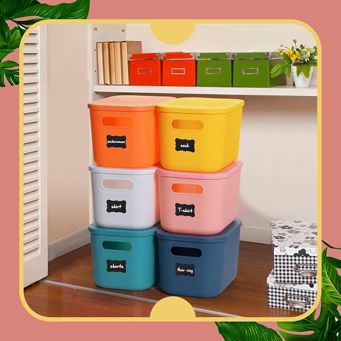 Thyle 12 Pack Classic Colorful Plastic Storage Bins with Lids, Back to School Stackable Storage Container with Handle Label for Organizing Toy Craft for Classroom Shelf Bedroom Office 10 x 7 x 6 Inch